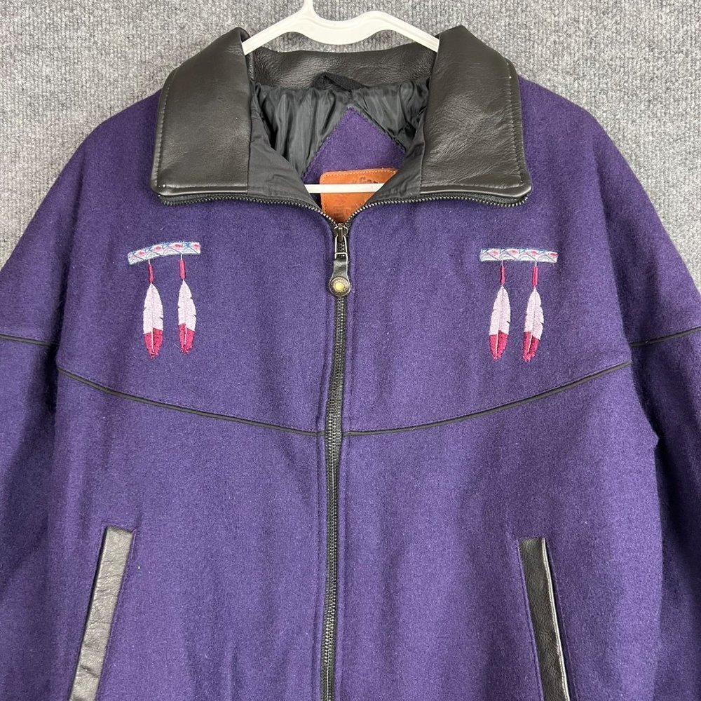 Vintage Aztec Feather Embroidered Midwest Garment Co. Leather Collar Wool Jacket - Picture 4 of 10